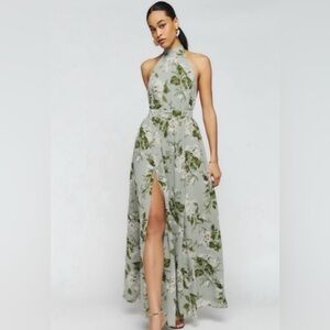Reformation Andee High Neck Floral Halter Maxi Dress in Sage Green size 12